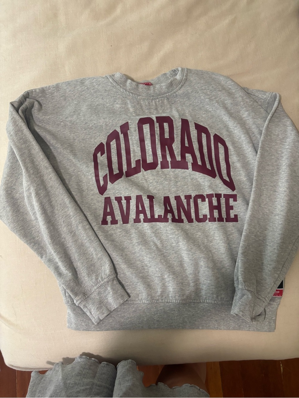 Colorado Avalanche Gray Crewneck Sweatshirt with Maroon Lettering